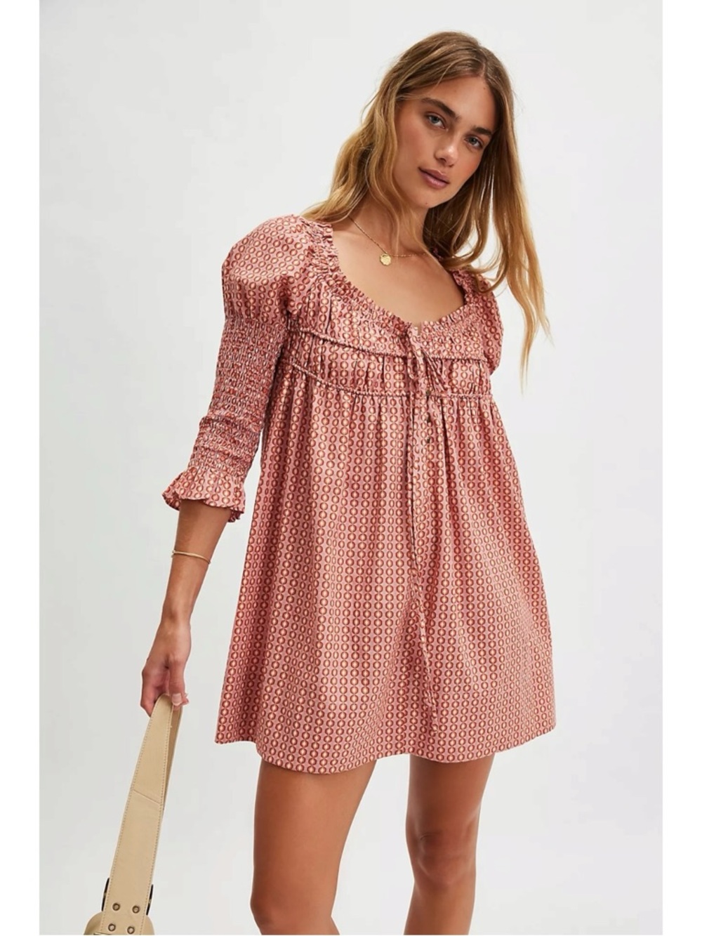 Free People Retro 70s Babydoll Star Dip Mini Dress in Red Combo Size Small - Picture 6 of 13